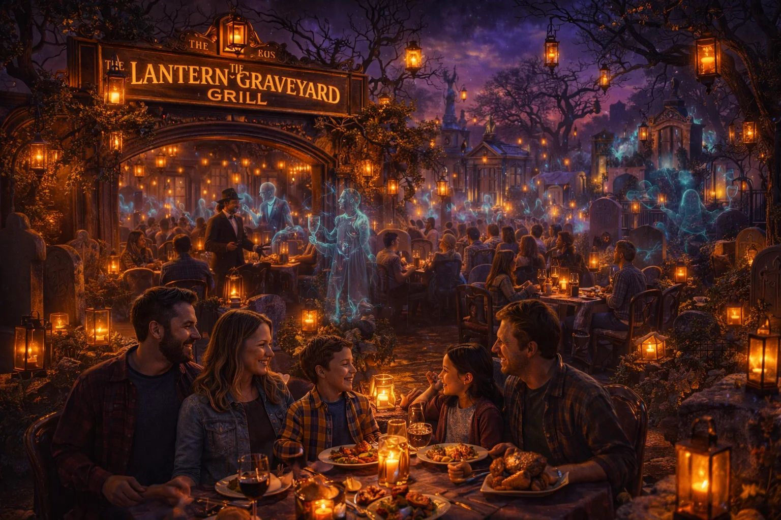 Guests enjoying a theatrical meal at Graveyard Grill