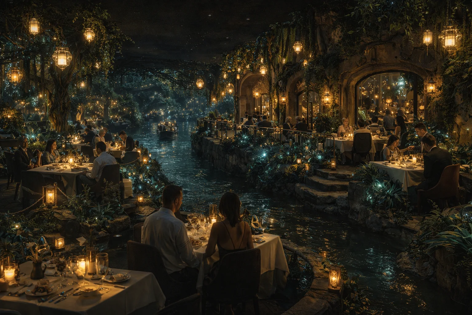 Guests dining along The Living World Riviera