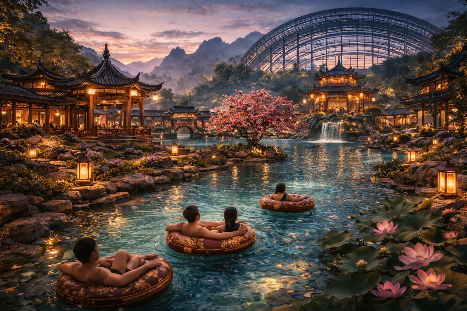 Illustrative concept of The Jade Lotus fantasy luxury hotel, garden, and water landscape