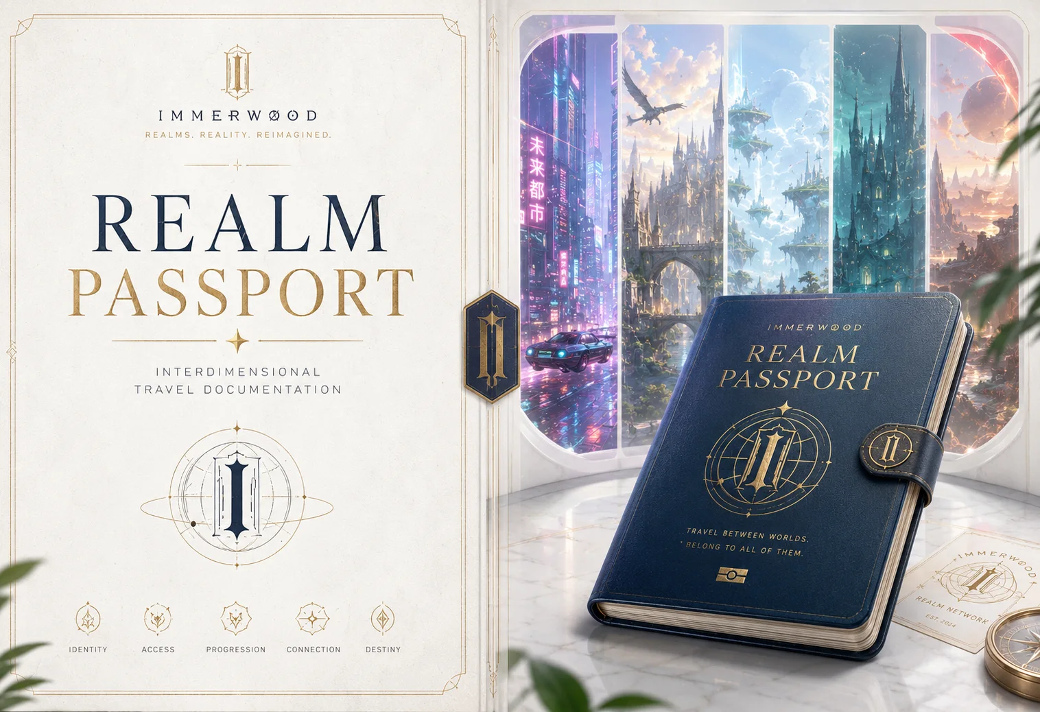 The Immerwood Realm Passport opened across a collection of world credentials