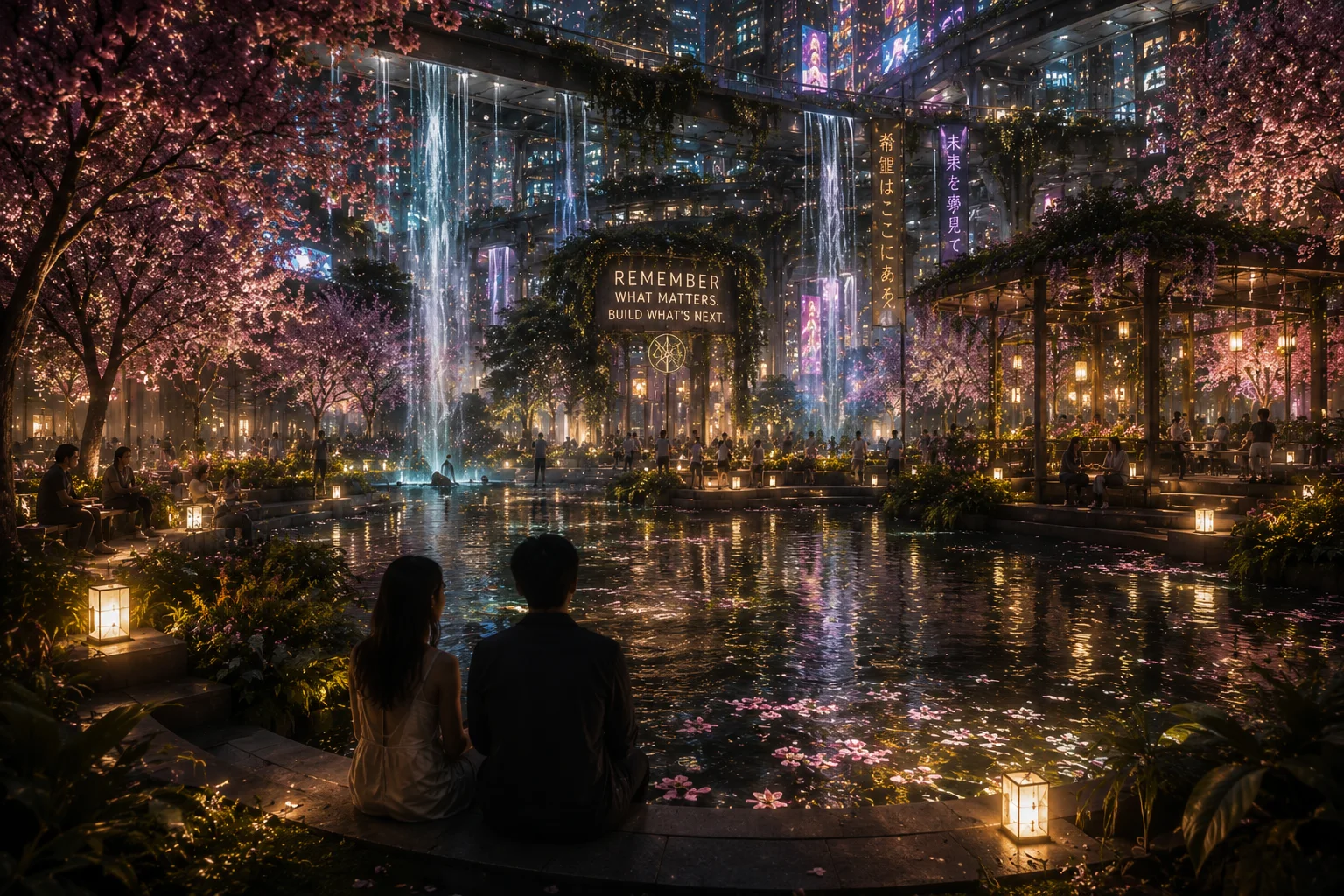 Guests walking through the tranquil futuristic Memory Gardens