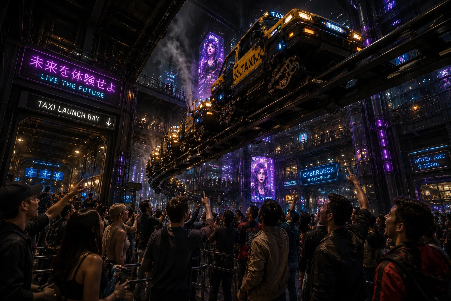 A taxi traveling beneath the multilevel neon city core of New Detroit