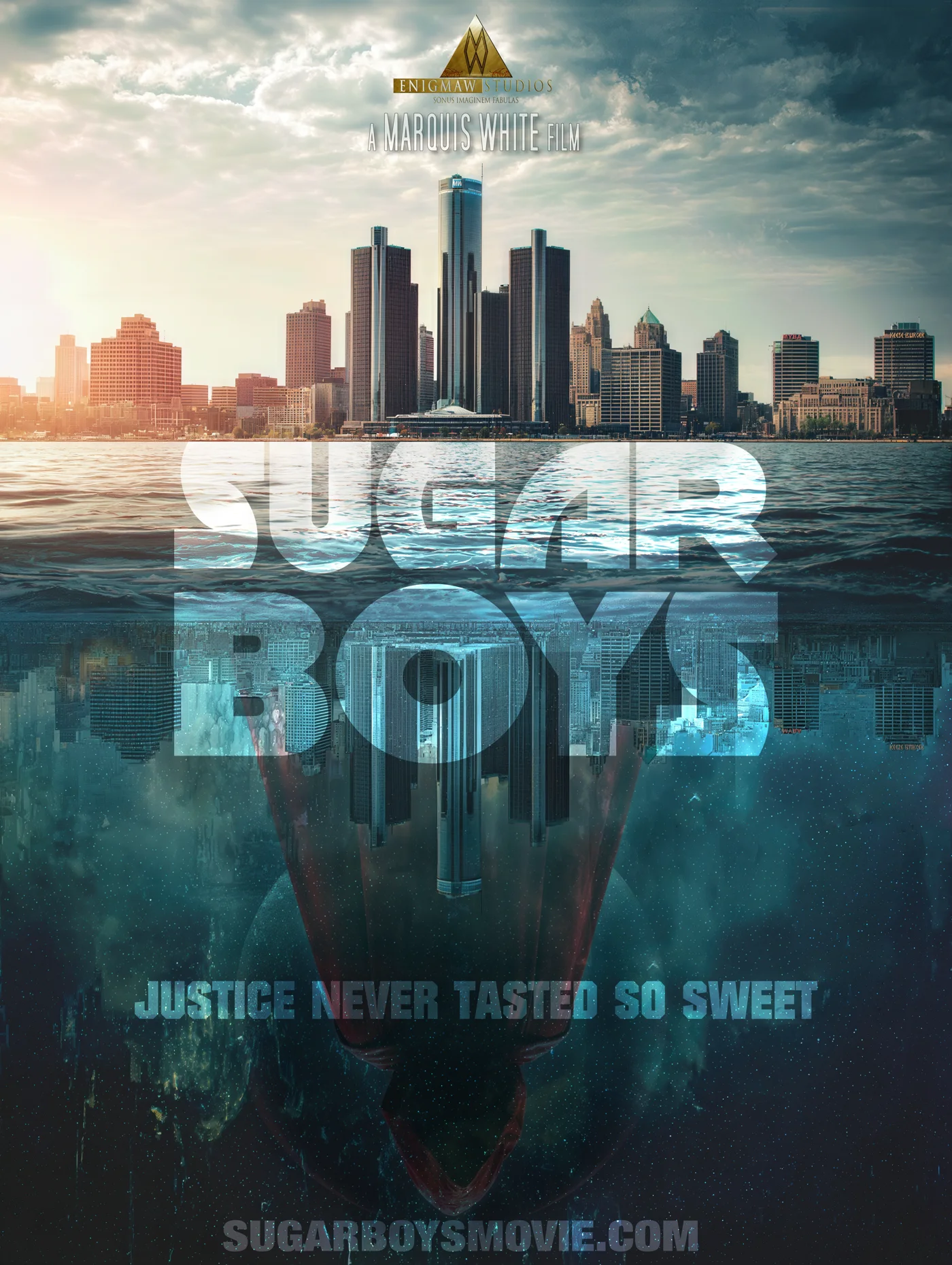 Sugar Boys film poster overlooking the Detroit skyline